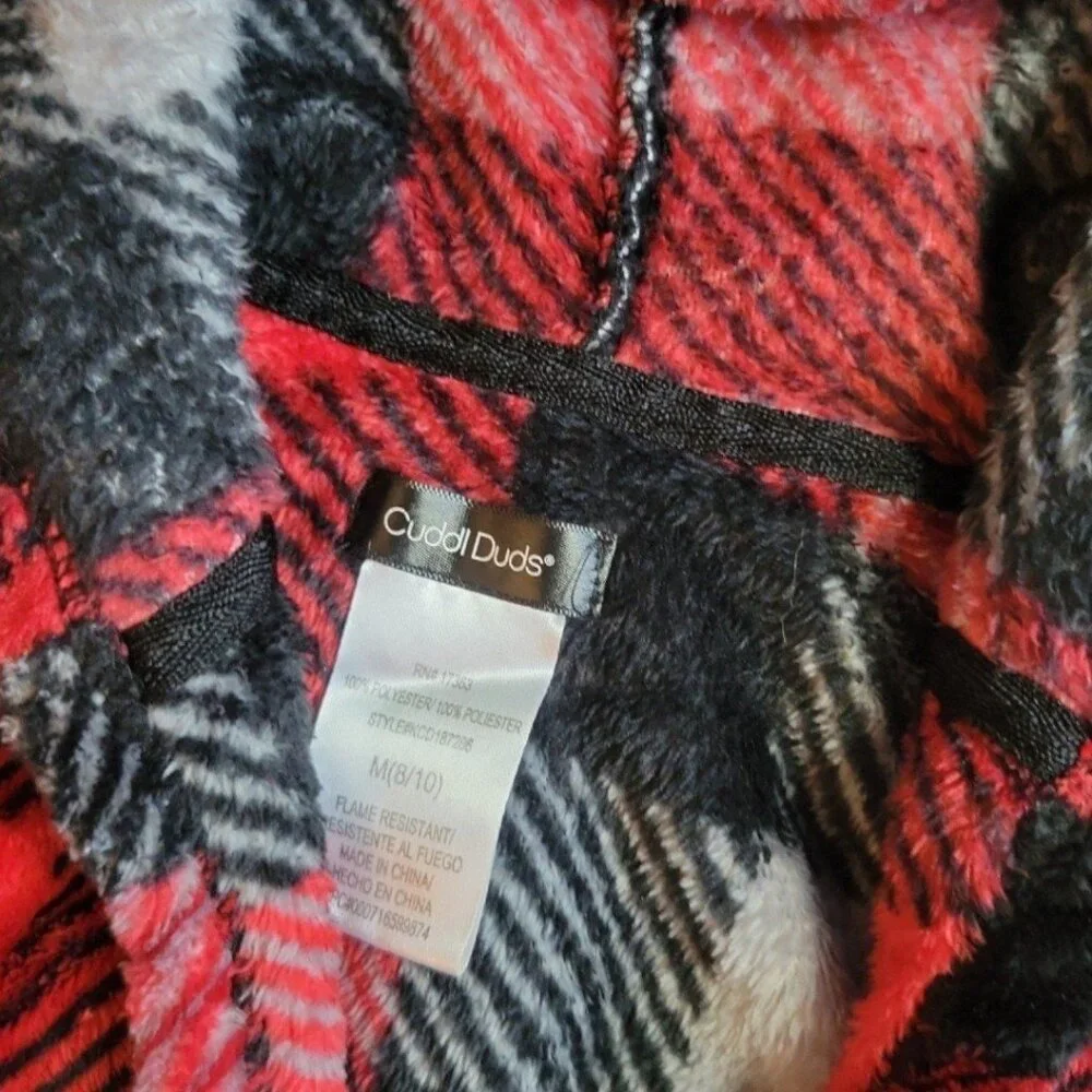 Boys M 8/10 Cuddl Duds Moose/Deer black/red Checkered Plaid Winter Hooded Robe
